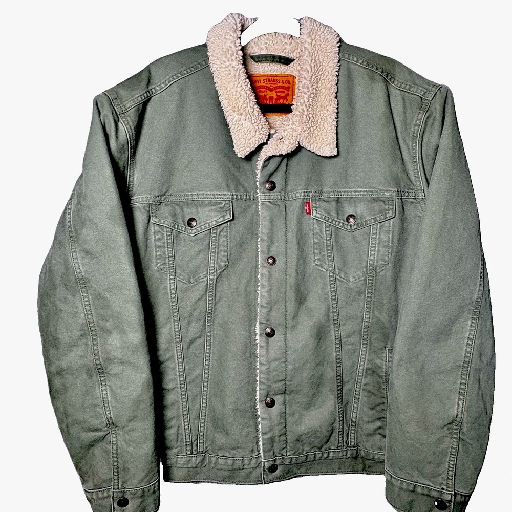 Levi's Trucker Jacket Olive Green Serpa Lined Men's Sz 2X Warm Soft Wear